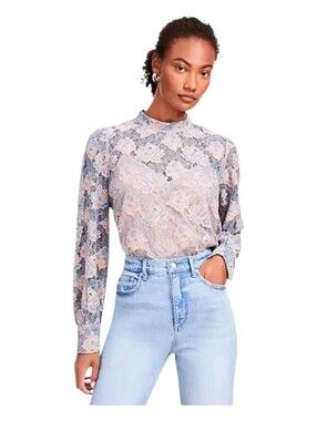 Loft Womens Blue Pink Romantic Victorian Floral Sheer Lace Blouse Small